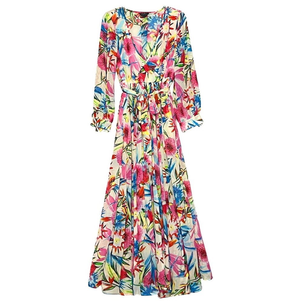 HAODUOYI Sheer Garden Floral Surplice V-Neck Pleated Flowy Maxi Dress Size L